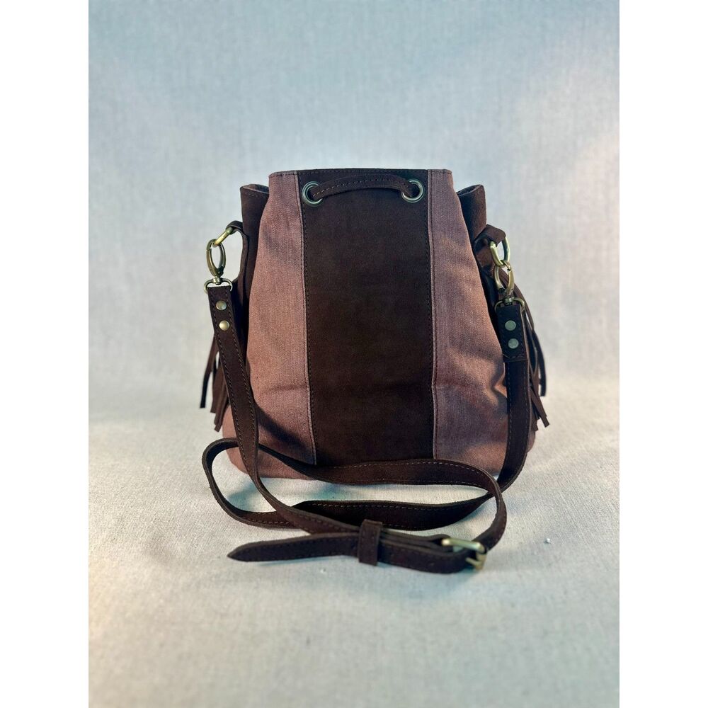 Fredd + Basha Brown Suede Canvas Fringe Crossbody Bucket Bag
